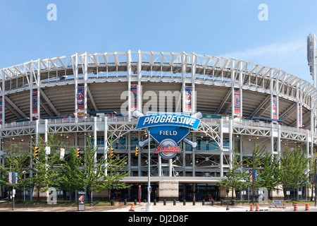 A view of Progressive Field, home of the Cleveland Indians, from Ontario Street in Cleveland, Ohio. Stock Photo