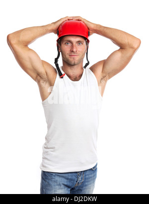 Young Caucasian man in a helmet isolated on white Stock Photo