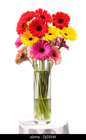 Gerbera flowers in vase isolated on white background Stock Photo