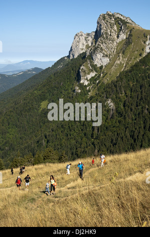 Family hike in the Bornes Mountains, France Stock Photo