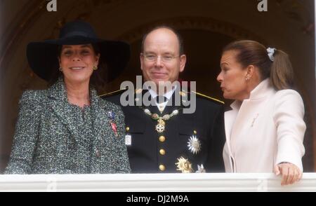 Monte Carlo, Monaco. 19th Nov, 2013. Monaco's Prince Albert, Princess Caroline of Hanover (L) and her sister Princess Stephanie of Monaco attend the Army Parade, as part of the official ceremonies for the Monaco National Day in Monte Carlo, Monaco, 19 November 2013. Photo: Albert Philip van der Werf/dpa/Alamy Live News Stock Photo