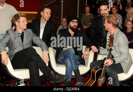 Hamburg, Germany. 19th Nov, 2013. Nick Carter (L-R), Howie Dorough, AJ McLean, Kevin Richardson and Brian Littrell from the US music group Backstreet Boys pose during the taping of the talkshow 'Markus Lanz' in Hamburg, Germany, 19 November 2013. The former boy band is going on tour together in Europe with their eight album 'In a World Like This.' Photo: ANGELIKA WARMUTH/dpa/Alamy Live News Stock Photo