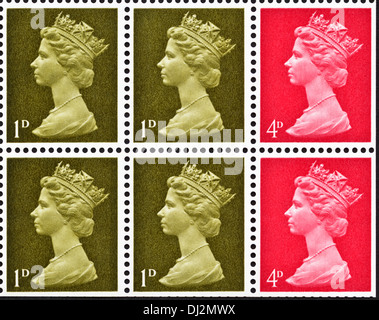 Queen Elizabeth II postage stamp UK 1d & 4d definitive issue from book of stamps dated 1969 Stock Photo