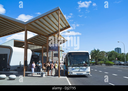 dh bus station ARRECIFE LANZAROTE People Arrecife town bus station single decker bus stop Stock Photo
