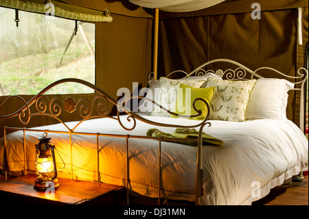 interior double bedroom at Longlands luxury glamping lodges,  Devon UK Stock Photo
