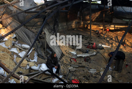 Gaza, Palestinian Territories, . 20th Nov, 2013. Palestinians inspect damage of a chicken farm after it was targeted in an overnight Israeli air strike in Khan Younis in the southern Gaza Strip November 20, 2013. Israel carried out four air strikes on the Gaza Strip in retaliation for rocket fire against southern Israel, an army spokesman said. There were no immediate reports of casualties, Palestinian medics and witnesses said.Photo: Yasser QudihÃƒÂ¾/NurPhoto Credit:  Yasser Qudih/NurPhoto/ZUMAPRESS.com/Alamy Live News Stock Photo
