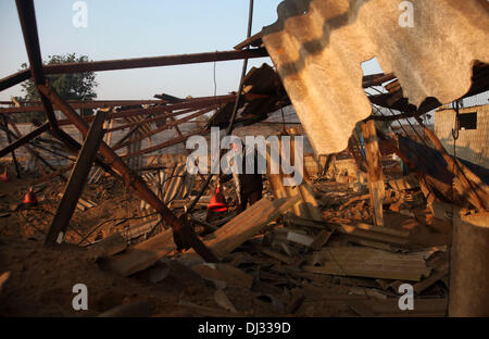 Gaza, Palestinian Territories, . 20th Nov, 2013. A Palestinian man inspects damage of his a chicken farm after it was targeted in an overnight Israeli air strike in Khan Younis in the southern Gaza Strip November 20, 2013. Israel carried out four air strikes on the Gaza Strip in retaliation for rocket fire against southern Israel, an army spokesman said. There were no immediate reports of casualties, Palestinian medics and witnesses said.Photo: Yasser QudihÃƒÂ¾/NurPhoto Credit:  Yasser Qudih/NurPhoto/ZUMAPRESS.com/Alamy Live News Stock Photo