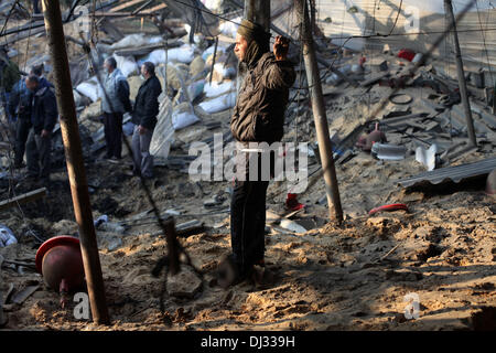 Gaza, Palestinian Territories, . 20th Nov, 2013. Palestinians inspect damage of a chicken farm after it was targeted in an overnight Israeli air strike in Khan Younis in the southern Gaza Strip November 20, 2013. Israel carried out four air strikes on the Gaza Strip in retaliation for rocket fire against southern Israel, an army spokesman said. There were no immediate reports of casualties, Palestinian medics and witnesses said.Photo: Yasser QudihÃƒÂ¾/NurPhoto Credit:  Yasser Qudih/NurPhoto/ZUMAPRESS.com/Alamy Live News Stock Photo