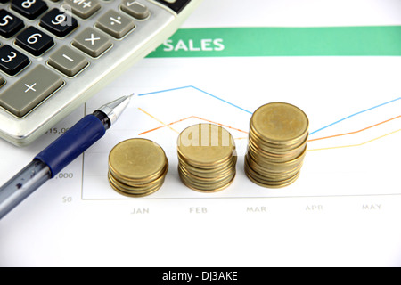 The Pen,calculator on the business graph and gold coin was placed alongside. Stock Photo