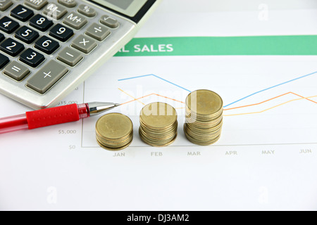 The Pen,calculator on the business graph and gold coin was placed alongside. Stock Photo