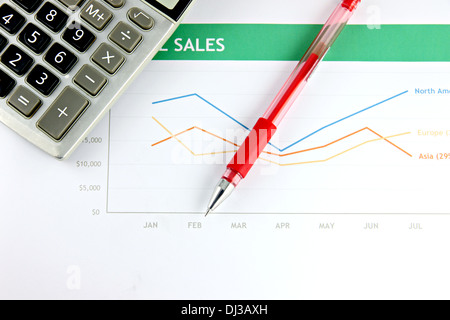 The Picture focus Pen and Calculator resting on Statistical graphs. Stock Photo