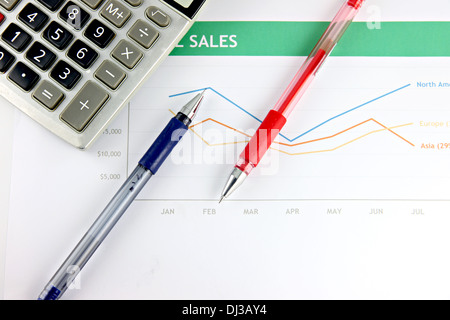 The Picture focus Pen and Calculator resting on Statistical graphs. Stock Photo
