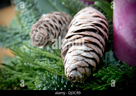 Detail shot of advent wreath with pinecone Stock Photo