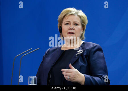 Berlin, Germany. 20th Nov, 2013. Angela Merkel, German Chancellor, receives Norwegian prime minister Erna Solberg (Conservative Party), at the Chancellery in Berlin. / Picture: Norwegian prime minister Erna Solberg (Conservative Party), speaks at press conference in Berlin, on November 20, 2013.Photo: Reynaldo Paganelli/NurPhoto Credit:  Reynaldo Paganelli/NurPhoto/ZUMAPRESS.com/Alamy Live News Stock Photo