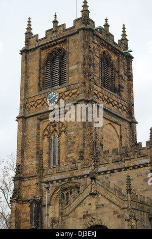 St. Marys Parish Church, Mold, Wales, UK. A medieval church clock tower Stock Photo