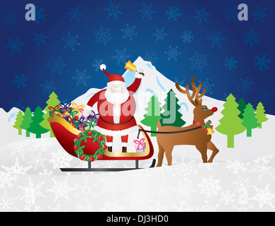 Santa Claus in a Old Classic Sleigh Pulled by Reindeer on a Snowy Night Stock Photo