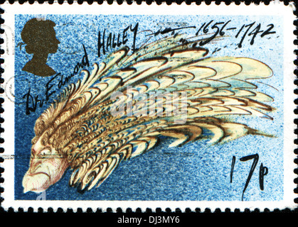 UNITED KINGDOM - CIRCA 1986: A stamp printed in England shows comet Edmond Halley, Caricature by Ralph Steadman, circa 1986  Stock Photo