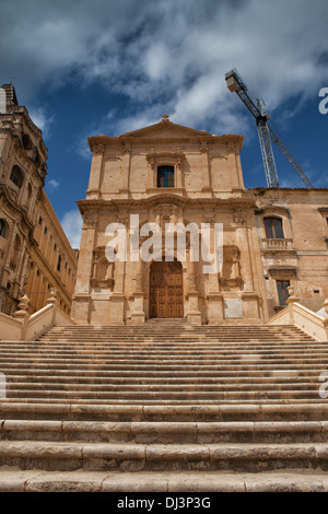 Ruins of baroque style cathedral in old town Noto, Sicily, Italy Stock Photo