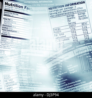Nutrition information facts on assorted food labels Stock Photo