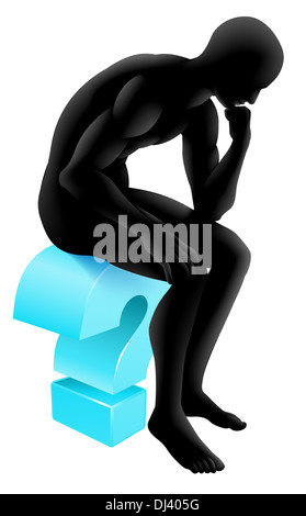 Silhouette man sat on question mark in thinker pose deep in thought. Could be concept for questioning or psychology, philosophy Stock Photo