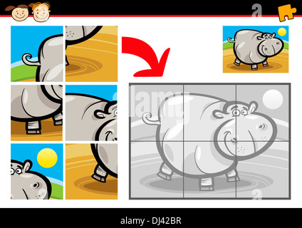 Cartoon Illustration of Education Jigsaw Puzzle Game for Preschool Children with Funny Hippo Stock Photo