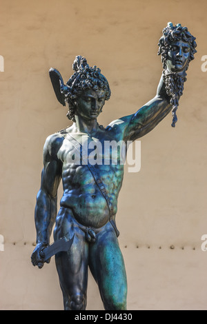 Benvenuto Cellini's statue Perseus with the head of Medusa in front of the Palazzo Vecchio, Florence, Italy Stock Photo