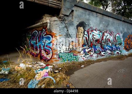 Graffiti near the Michigan Central Station in Detroit, Michigan, USA. Oct. 18, 2013. Picture was taken in October 2013. Stock Photo