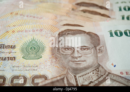 Close up of thailand currency, thai baht with the images of Thailand King. Denomination of 1000 bahts. Stock Photo