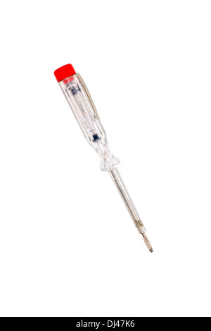 an old used voltage tester screwdriver, isolated on white. Stock Photo