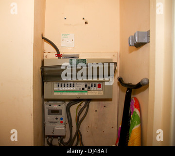 Electric meter and distribution board in domestic cupboard Stock Photo
