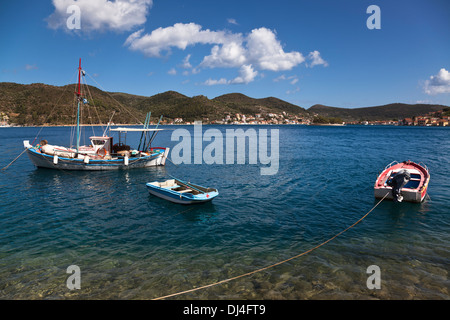 Local fishing boats in Vathi bay on the island of Ithaca Stock Photo