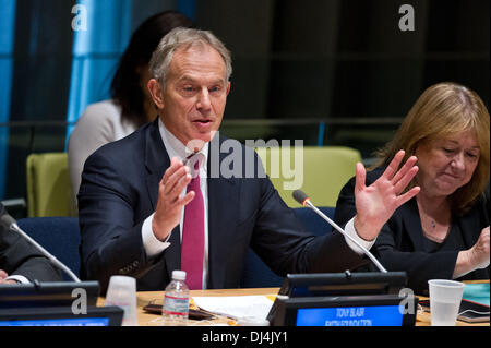 New York, USA. 21st November 2013. Former British prime minister Tony Blair speaks on behalf of the Tony Blair Faith Foundation on countering violent extremism through education, during an open sessin of the United Nations Security Council Committee on Counter-Terrorism at the UN headquarters in New York, on Nov. 21, 2013. (Xinhua/Niu Xiaolei) Credit:  Xinhua/Alamy Live News Stock Photo