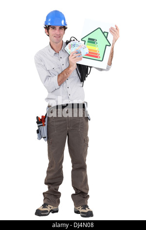 Electrician showing benefits of energy efficiency Stock Photo