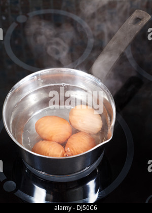 simmering chicken eggs in metal pot on electric stove in kitchen Stock Photo