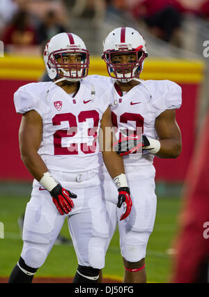 Los Angeles, CA, USA. 15th Nov, 2013. NOVEMBER 16, 2013 Los Angeles, CA.Stanford running backs (23) Jackson Cummings and (22) Remound Wright warm up before the Pac 12 game between the fourth ranked Stanford Cardinals and the USC Trojans at the Los Angeles Memorial Coliseum in Los Angeles, California. The USC Trojans defeated the Stanford Cardinals 20-17.(Mandatory Credit: Juan Lainez / MarinMedia / Cal Sport Media) © csm/Alamy Live News Stock Photo