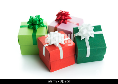 Various colour gift boxes wrapped with ribbons and bow Stock Photo