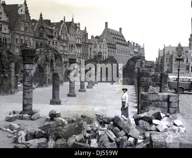 1930s, historical, lady stands in ruins of a church, Ypres, Belgium. Stock Photo