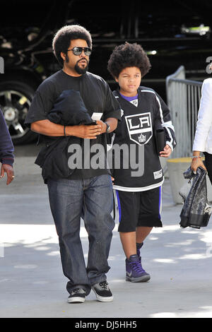 Rapper/actor Ice Cube and son O'Shea Jackson Jr., arrive for Game Four of  the 2012 Stanley Cup Final between the Los Angeles Kings and the New Jersey  Devils at Staples Center Los