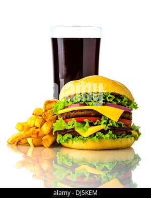 fast food menu with double hamburger, french fries and cola drink isolated on a white background Stock Photo