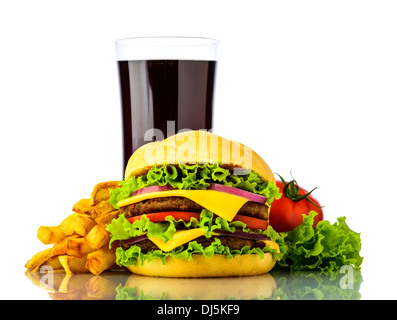 hamburger menu with cheeseburger, french fries, vegetables and cola drink isolated on a white background Stock Photo