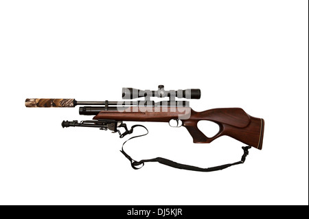 A Weihrauch HW 100 PCP pre-charged pneumatic air rifle with telescopic sight and bipod mounted on it on a white background Stock Photo