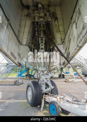 Landing gear of a Boeing jumbojet 747 on display in the permanent exhibition at Lelystad airport, Netherlands named Aviodrome Stock Photo