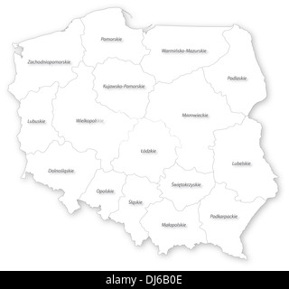 Map of Poland with voivodeships and main cities on white projected in UTM coordinate system. Polish voivodeships labels / names. Stock Photo