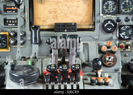The control deck in the cabin of an old Trident airplane at Manchester airport, UK. Stock Photo