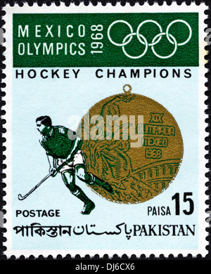 postage stamp Pakistan 15 Paisa featuring Mexico Olympics 1968 Hockey Champions issued 1969 Stock Photo