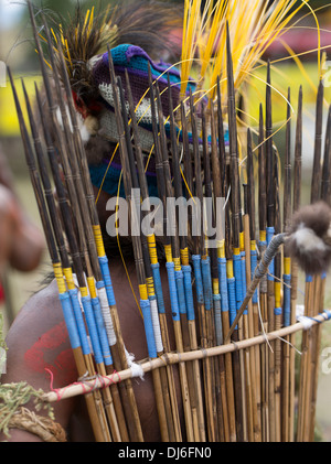 Goroka Province Singsing Group Member with quiver of traditional arrows, Goroka Show, Papua New Guinea Stock Photo
