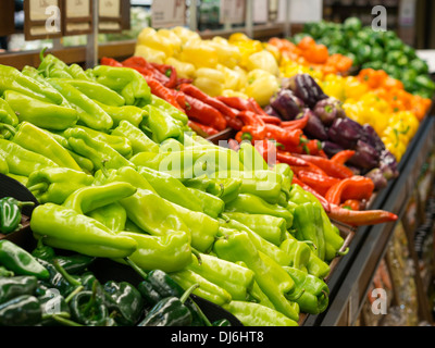A selection of Peppers. On display at a grocery store a colourful display of sweet and hot peppers. Stock Photo