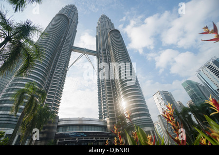 Petronas Twin Towers. Looking up from bthe gardens below the towers project skyward impressively in October 2013. Stock Photo