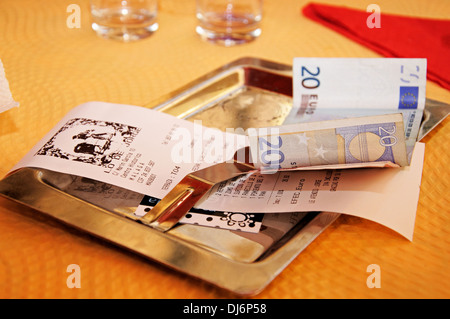 Tapas receipt in a city centre Tapas Bar, Malaga, Costa del Sol, Malaga Province, Andalusia, Spain, Western Europe. Stock Photo