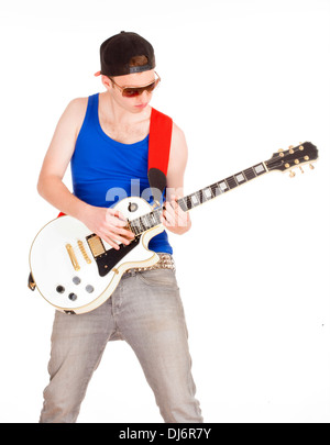 Teenage Boy with Sunglasses Playing Electric Guitar - Isolated on White Stock Photo